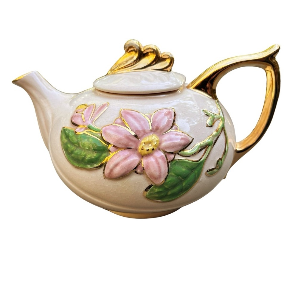 Hull Art Porcelain Magnolia and Gold Trim Teapot U.S.A. 1940's